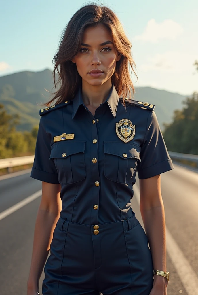 ((fashion photography)), perfect face, perfect eyes, (medium full shot) of  (angelic police officer) young woman, brazilian, brown eyes, tan skin, tan skin, hazel eyes, slim, ginger hair, wearing Charcoal black uniform with a polo-neck shirt, straight-cut pants, police cap, polished shoes, set in  remote country road, winding through forests and fields, with the occasional farmhouse dotting the landscape , at night, smiling at the viewer, masterpiece, best quality, photorealistic, very aesthetic