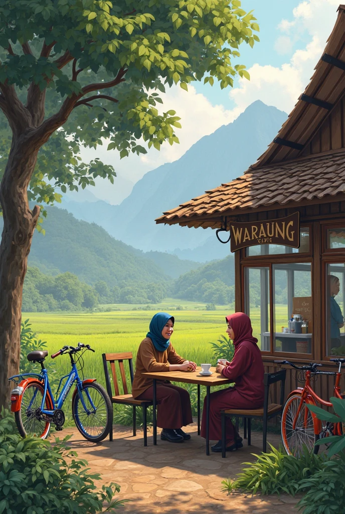 A photograph of a Muslim Malaysian woman with a sweet smile. She is drinking coffee at an open cafe balcony shoplot. There is a table with a coffee cup near her. The background contains a beautiful greenish scene with paddy fields, a range of mountains with mist, and a tiny bird flying far away. There is a big tree near the cafe. The overall image has a serene atmosphere.