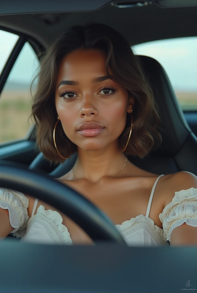((Dark African skin, Very deep ebony skin)), ((Its beauty undeniable)), ((Excited cute face)), ((Hyper detailed perfect eyes,)), ((driving a luxury car)), ((Langue sortie)), ((Focussed)), ((light color official suit)), ((Afro ponytail with long African curly hair)), ((debout, vue de face)), ((Driving a luxury car, The Hague in the background)), Sharp Focus CGI, photoreallistic, High detail, Realstic, Masterpiece, absurdes, Best quality, Hdr, High quality, high-definition, Extremely detailed, 8k wallpaper, Intricate details, 8K UHD, Full-HD, (photo realist:1.2), contraste, intense illumination, lighting cinematic, natural lighting, veilleuse, Nuit, Illumination globale, talking, a la piscine African women、Female sexy