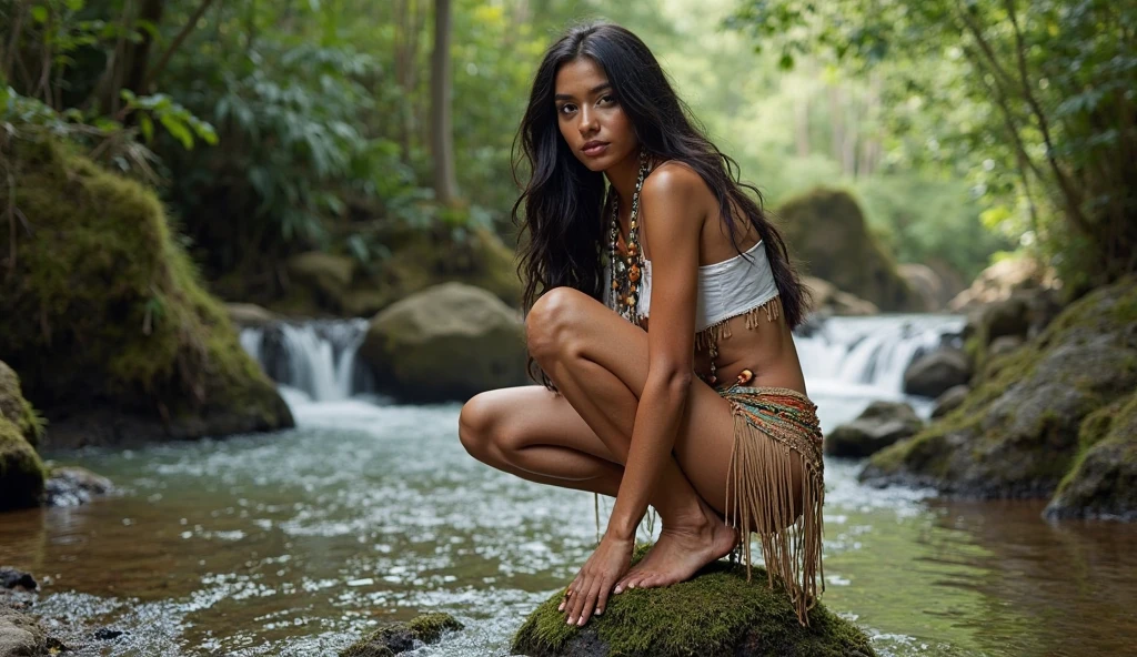 Prehistoric woman on the shore of a wild lake