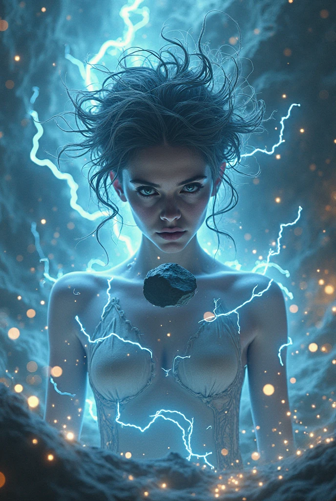 (((the blue energy human body, front facing, full body, 1girl, 18 year old, caucasian, green eyes, perfect eyes, perfect iris, perfect pupils, perfect lips,perfect nose, perfect hands, very detailed hands, perfect fingers, black hair, short hair, straight hair, small braid in her hair, nature, subsurface scattering, transparent, translucent skin, glow, bloom, Bioluminescent liquid,3d style, warm color, vibrant, volumetric light, inside lightning, lightning and thunderbolts all around,)))