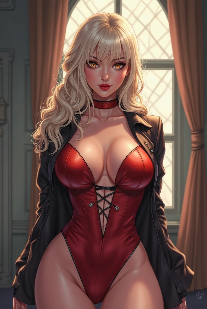 Yvonne Strahovski Harley Quinn of DC Comics beautiful Hungarian woman, intricately decorated, realistic rendering Character design, photorealistic, unreal mechanism, hyperdetailed. ((best quality)), ((masterpiece)), ((realistic)), (detailed), close-up portrait, full-body portrait, green eyes, black and red costume, highly detailed skin and hair, looking at the viewer, stunning gradient colors, sadistic smile, detailed background, city at night, detailed mouth, incredibly detailed, ((masterpiece)), absurdities, HDR.