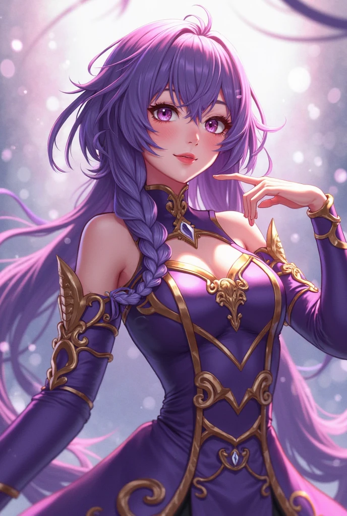 a purple haired woman leads a guild, she was happy smiling looking at the camera with a title welcome to plunderes