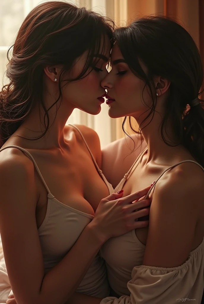 Two women aggressively making out, kissing passionately, lips touching, hugging tight, pinned against a wall, bare shoulders, absolutely sexy and hot