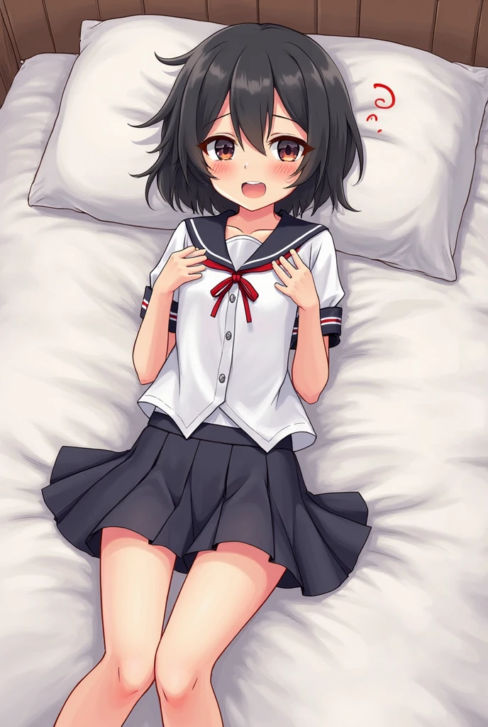 One girl, School Blazer,Checkered Skirt,cute,beautiful girl,Short Hair,ribbon,Quiet,Innocence,Obedience,Small breasts,Flat Chest,blush one's cheeks,Gaze Here,Embarrassed,nsfw,Lying in bed,Do foreplay,Idol,Beautiful black hair