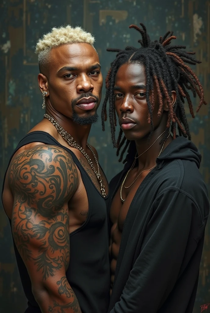 A red-haired black man with short hair with pirsing with his partner muscular man with scar long wavy brown hair