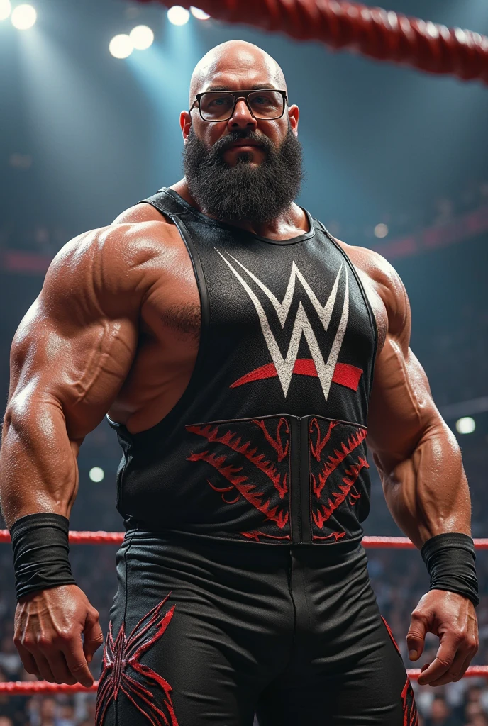 chubby muscular fluffy polar bear with a gray beard huge eyebrows and huge fangs and huge upperbody wearing black wrestling tights while sweaty and exhausted at the wrestling ring
