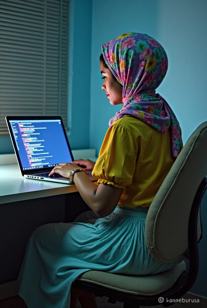 A 18 years old cute girl sitting on a chair with laptop..busy to writing a code. With a side position. With hijab udercap black. And a back screen is coading screen. Skin tone white wearing a watch in her hand. Small eyes,slim face Small lips. Her eyes are looking down. Dress is white and light blue with tea pink hijab