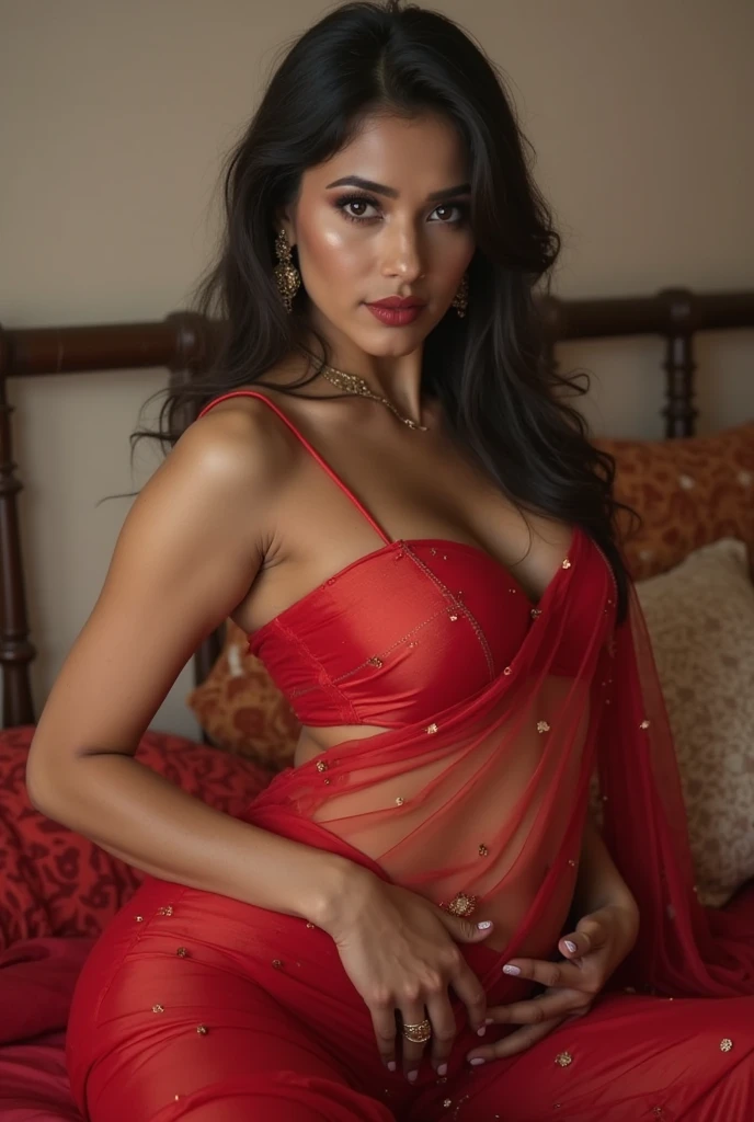 A beautiful woman who is sleeping on the bed in deep sleep and is wearing a red colored saree