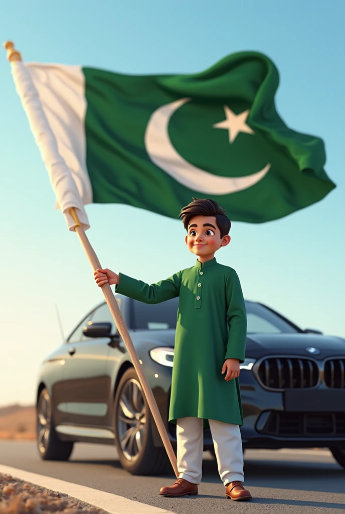Create an cartoon like image of 15 years child. A name NOUMAN ALI written on his white t shirt, sitting on bmw, the car with a 6692 number plate, with Pakistani flag in hand, wearing green shoes.