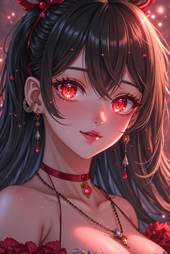 1 girl, solo, red eyes, cat ears, straight long hair, bottom lip piercing, wearing earrings, wearing a black lingerie, sitting on couch, long eyelashes