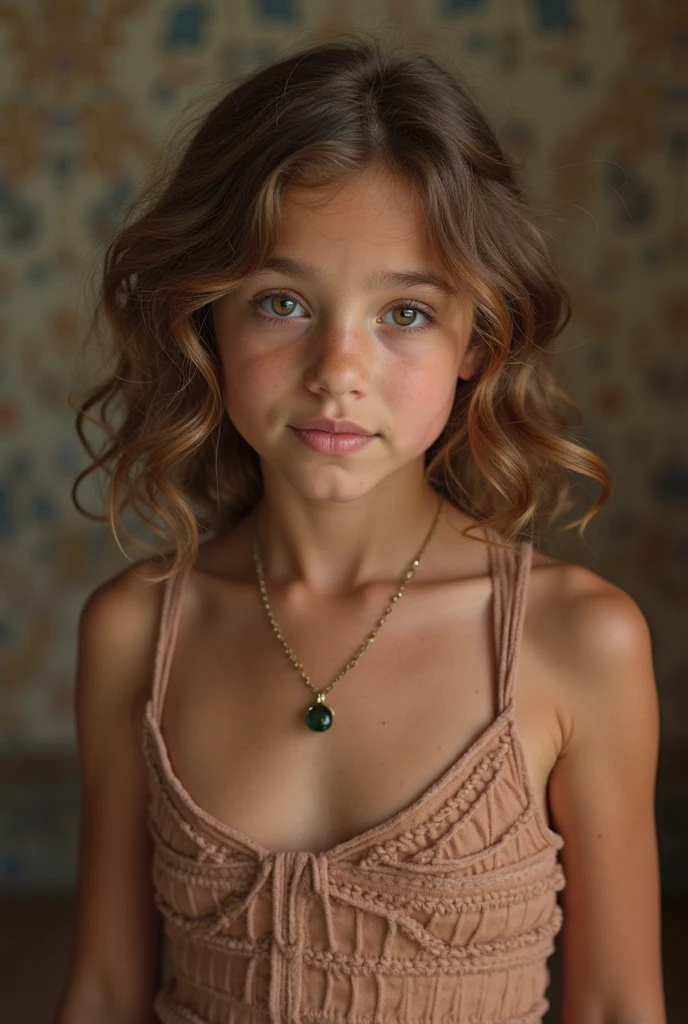 (Cinematic photo:1.3) From (Thigh-length photos:1.3),(skinny:1.3) Beautiful 12 year old girl, (complex brown hair), Highly detailed texture кожи, realistic texture кожи, looks straight into the camera, (looks at the viewer) ), pout, , Shine, Dramatic, Dreamy,, elegant, strange, gentle, Highly detailed, difficult, UHD Digital Photography, , skinny shoulders, Photo to the knees , beautiful young girl, big, Beautiful body, highly detailed full-length shot, Dreamy, , strange, gentle, detailed hair band, Highly detailed texture, realistic texture, digital painting, highly detailed photo, (art deco: 1 .хFromоралFromм:1.3),(Classic realotm:1.3),(Fujifilm Superia:1.3),, golden hour light,