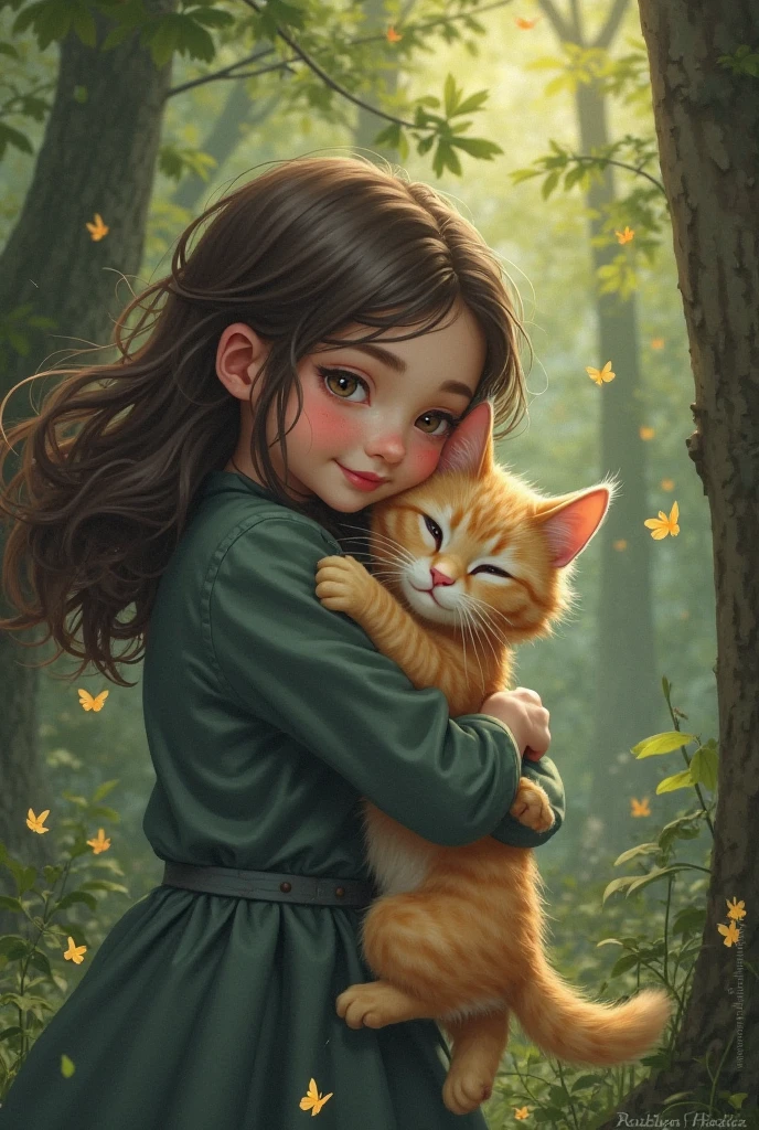 Close-up of a child holding a cat in a forest, adorable digital painting, cute digital art, cute detailed digital art, cute detailed artwork, very beautiful cute catgirl, Realistic cute girl painting, Soft artwork, cute cartoon character, Digital Cartoon Art, Cute cartoon, cute art style, cartoon digital painting, لطيف 3D التقديم, Cute cartoon style