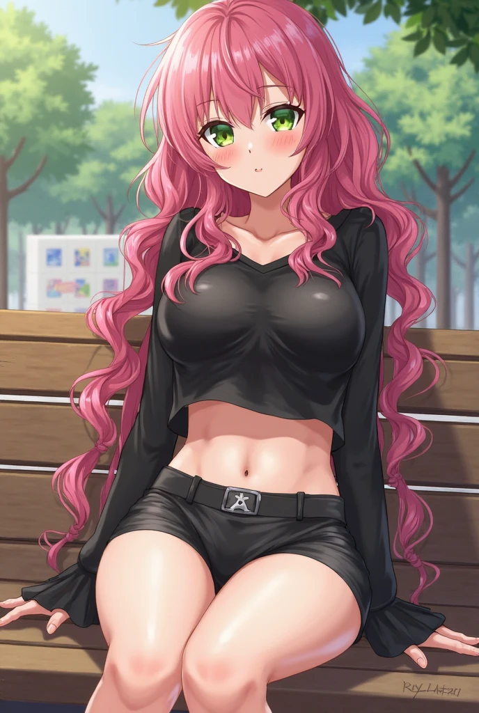 Masterpiece, raw,  beautiful art, professional artist, 8k, art style by sciamano240, very detailed face, very detailed hair, 1 woman, perfectly drawn body, beautiful face, long hair, pink hair , very detailed green eyes , rosey cheeks, intricate details in eyes, playful smile, looking directly at viewer , in love with viewer expression, black chocker, lipstick, wearing cute fall clothes, black ribbed crop sweater, short black pencil skirt, thigh boots, full body view, standing, one foot on park bench, sunny day fall setting, focus on feet, cleavage exposed