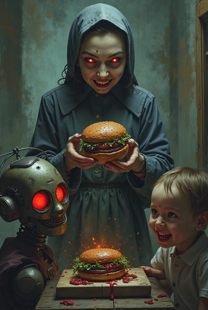 Realistic child defends his plate of fries, a minced steak and ketchup for cabbageman and beanman