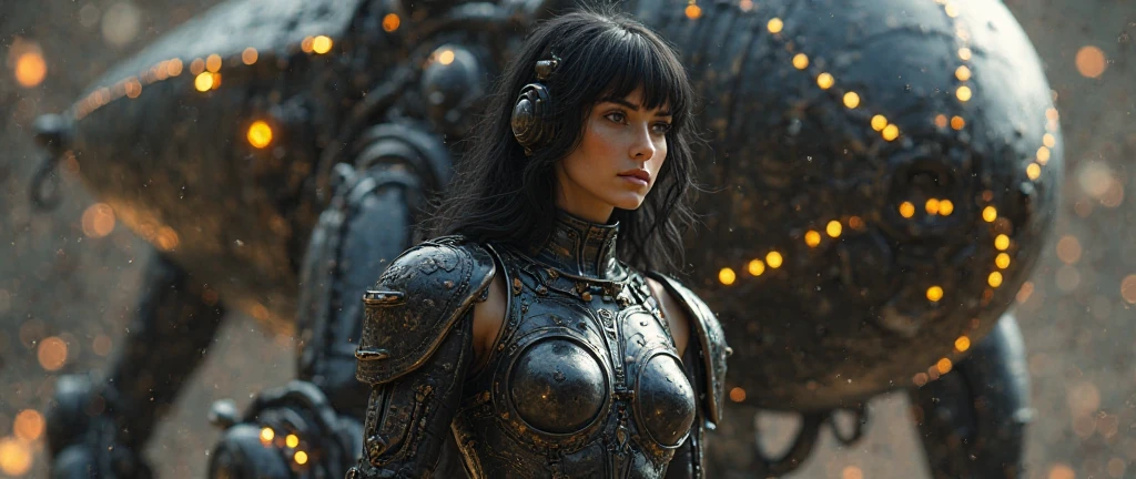 (8K, masterpiece, award winning photo:1.3), (ultra highres, absurdres, ultradetailed, sharp focus, realistic colors:1.2), (hyperdetailed photo of a busty female fighter with black armor, pale skin), style of Boris Vallejo and H R Giger, (perfect lighting, detailed shadows, detailed textured skin, sweaty:1.1).