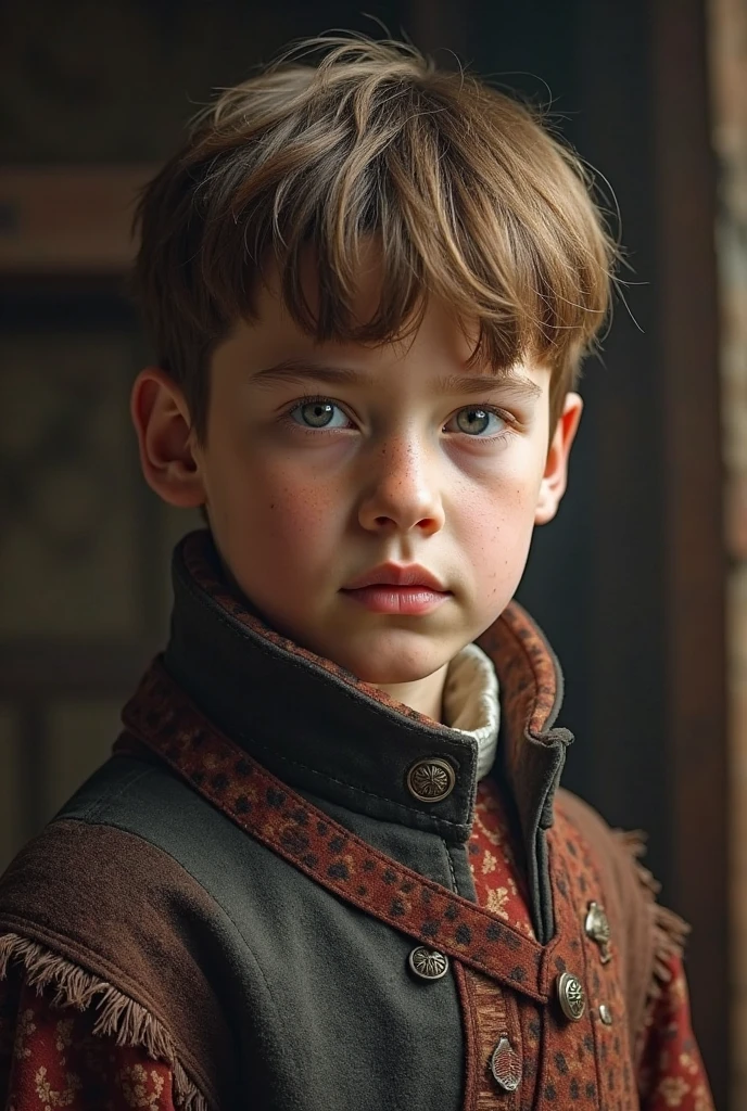 (highly detailed, soft light, photorealistic, dynamic light; cinematic); victorian-era; 1820s; 5 year old boy; English; square face-shape; fearful expression; palid skin; large blue eyes; dark-brown eyebrows; 1820s warm brown woolen coat; short straight dark-brown hair in 1820's hairstyle; standing inside a 1820s Canadian log cabin with snow outside; looking at camera