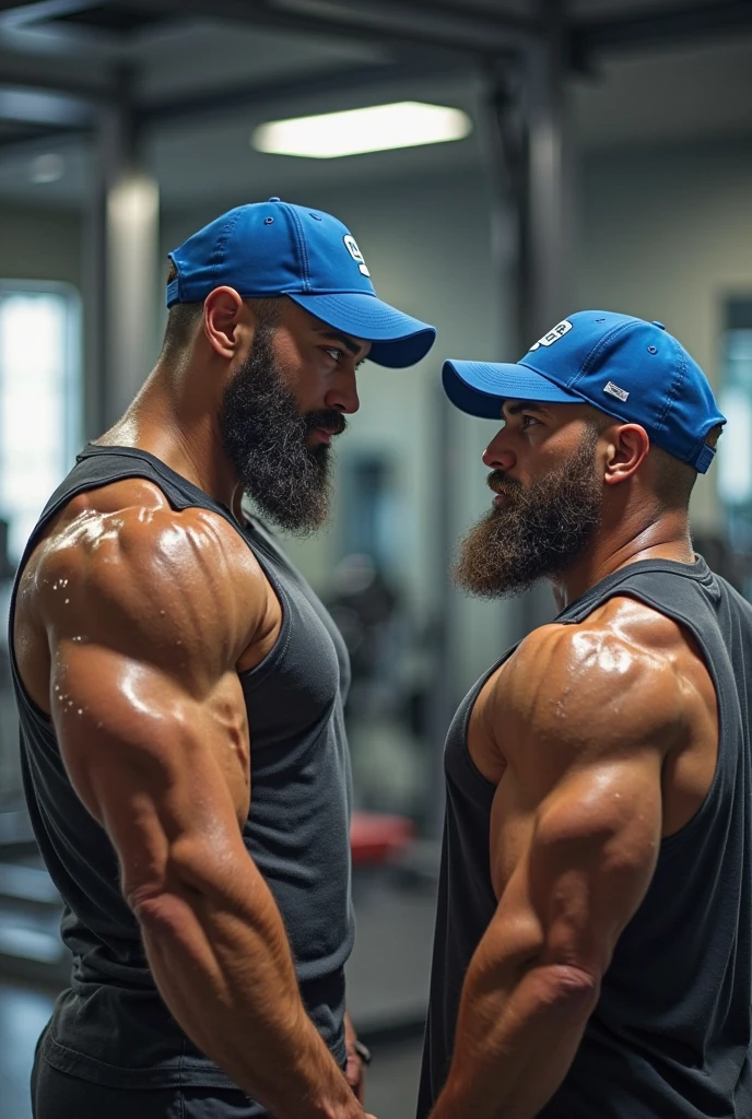Here’s a detailed prompt for a scene where one bodybuilder is frightened upon seeing another bodybuilder:
**Prompt:**
One bodybuilder, with a look of fear and apprehension, is gazing at another, more imposing bodybuilder. The frightened bodybuilder's face shows wide eyes and a tense posture, conveying his anxiety. The more imposing bodybuilder stands confidently, with a powerful and intimidating stance. The background should be neutral or blurred to highlight the contrast between the two characters and the fear in one’s expression. The focus is on the emotional tension and physical disparity between the two bodybuilders..