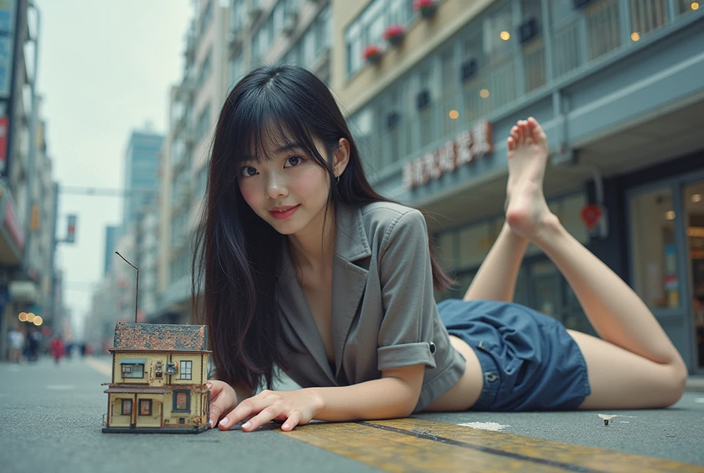 a korean woman  panty look, whose height is 10000000 kilometers, at the nano-sized miniature endless city of micro-sized endless continent world, she kneel down on top of a lot of nano-sized buildings which are much smaller than her, she feel happy and enjoy
