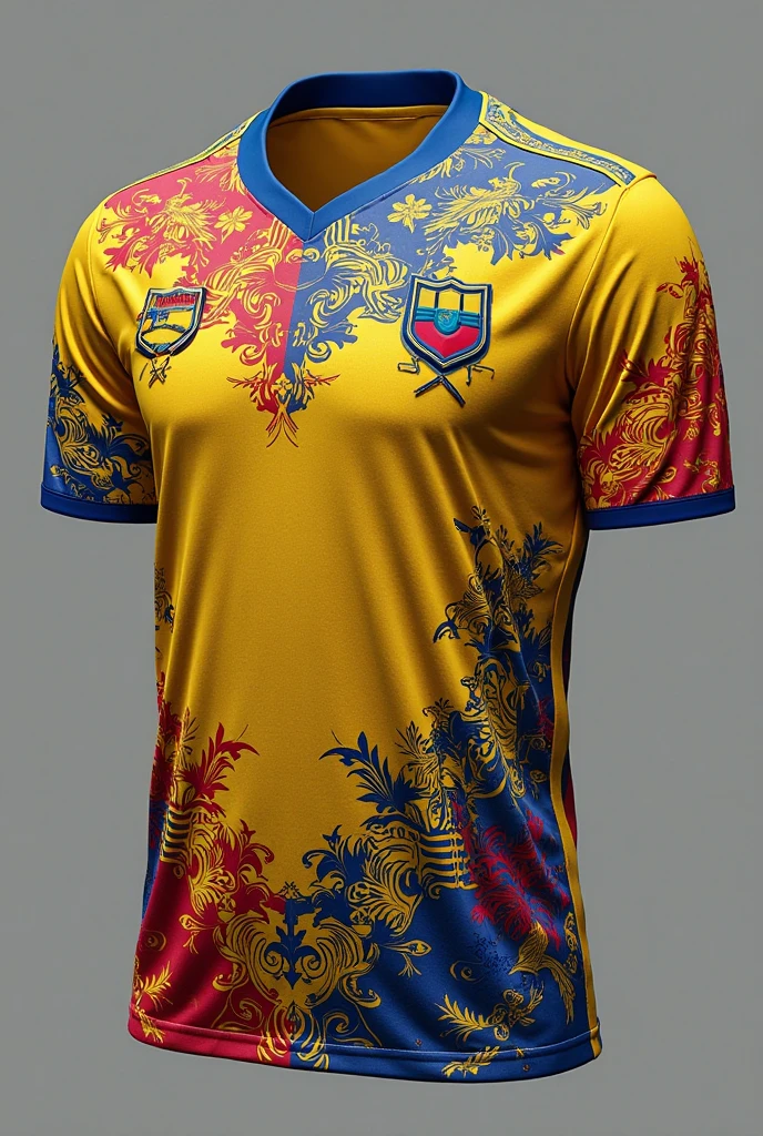 Create an all-black team shirt with the Maranhão state flag on the chest of the shirt at the top, the wise-of-the-beach bird on the bottom side of the blouse, and reggae flag details on the sleeve of the blouse (Unripe, red and teal and yellow)
