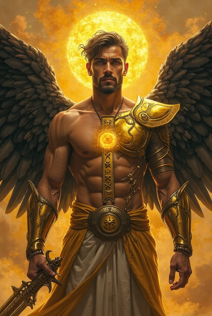A muscular handsome young man is imprisoned in a darkest place, extremely muscular body, perfect body, large chest, largest pectorals, big nipples, well-defined abs, shiny smooth skin, Sexy gaze, (looking at the viewers romantically), sexy posture, above his head is a golden halo ring, he is bathed in golden sacred light coming from above, (a gold crown on his head, his body is shackled with gold chains, gold finger rings, hands and neck are shackled with golden chains at back, two angelic golden wings on his back, full tattooed body, a voluptuous golden brief with a band of gold with sparkling gemstones, (bulge: 1.2)). He has short black hair. This scene looks like something out of the realm of fantasy or legend seen from above, (full body view),