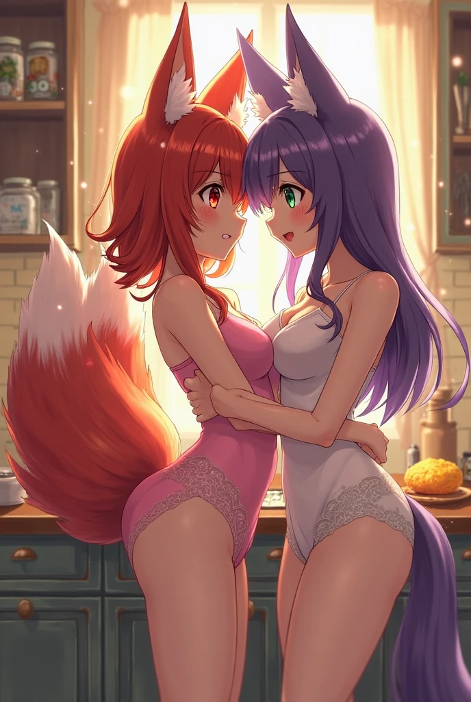 2 girls，Coyote ears，coyote tail，Completely naked，buttocks together
