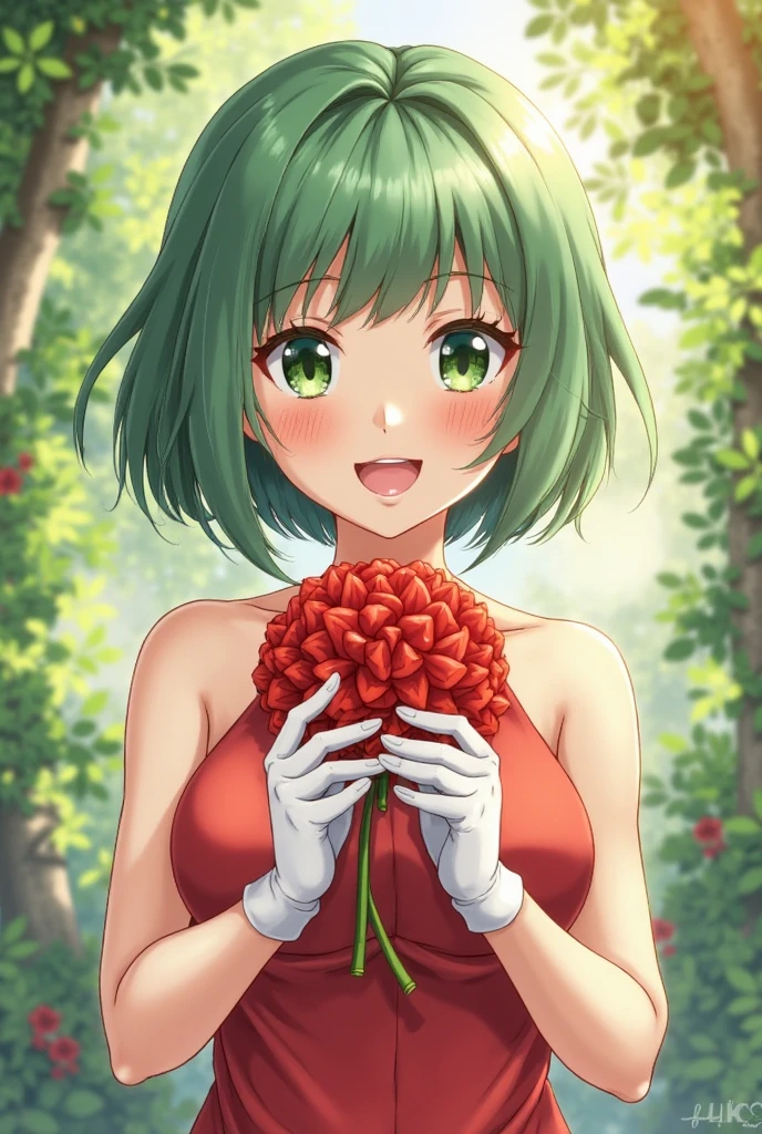 pokemon trainer, takagi-san, (small body) (), (light green hair), green eyes, small breast, (red outfit), bare shoulders, flowerfield, farm, holding pokeball, 
