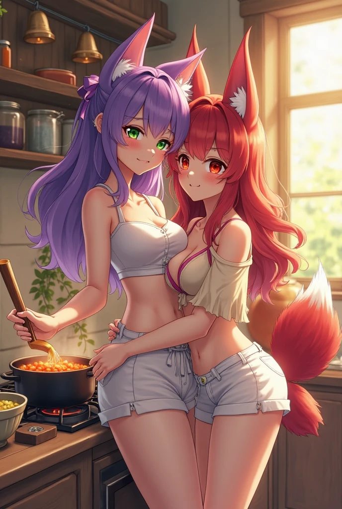 （8K ，hyper-detailing，A masterpiece of hyper-realistic photography，natural，Perfect artwork，Perfect female body），Two cute busty girls），Neat and clean kitchen，Virtual Showcase，Red similar hairstyle，Cute and beautiful girl，Vacuum apron，loose apron，aprons，Put on an apron，embedding，cool apron，larger lines，slovenly，stretch the meat，marmalade，The kinky  exposed ，titmouse，fully body photo