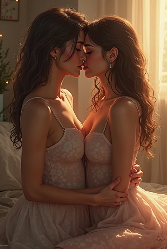 two girl kissing, see her ass,(bright lighting,romantic setting),dreamy background,,long hair, mesmerizing gaze, , soft skin, alluring beauty, artistic portrait, high-quality image, vibrant colors,translucent long silk gown, mosquito net, lying down, romantic bedroom