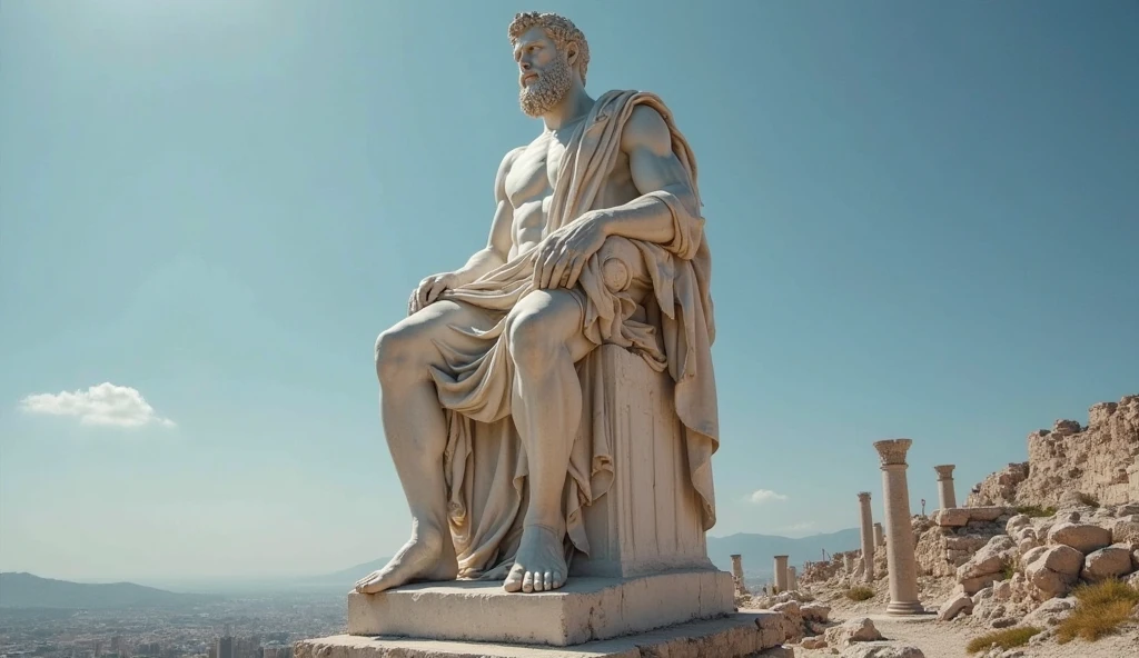 A dark landscape image of an ancient Greek society deeply connected to stoicism, black and white, ancient Greek architecture, include one single big statue of a stereotypical strong Greek man, Marcus Aurelius