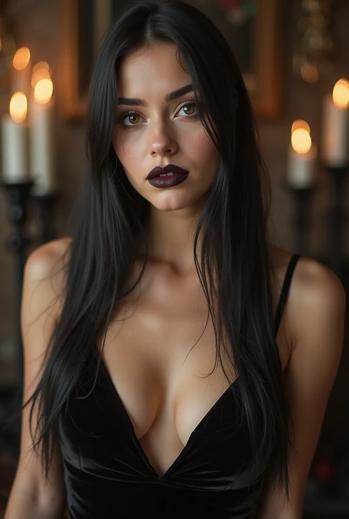 (best quality, hyperdetailed photography:1.2), beautiful american lady, ((dark black lipstick)), freckles, gothic makeup, green eyes, soft light, cuvy figure, cover, (detailed beautiful face, detail skin texture, ultra-detailed body:1.1) sexy vampire women, full body photography (sitting with open legs), with black elegant and sexy dress