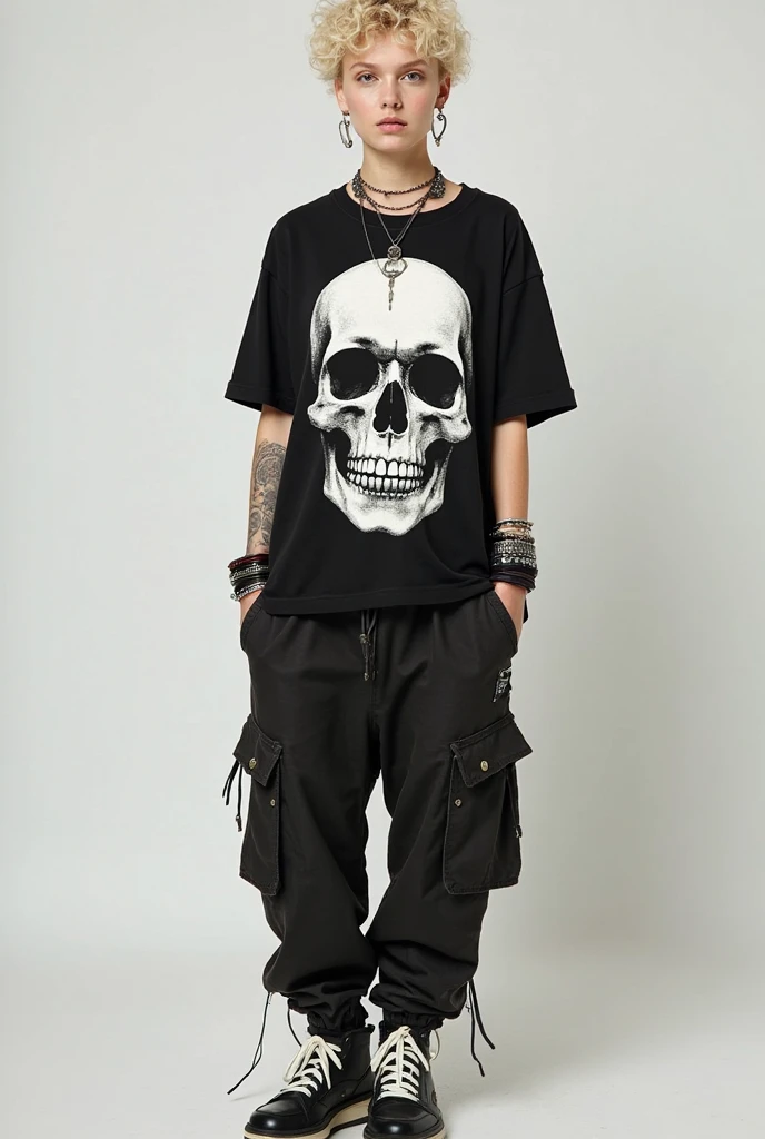 White man Black Yankees cap Black Los Angeles skull shirt Skinny jeans Black Calvin Klein sneakers