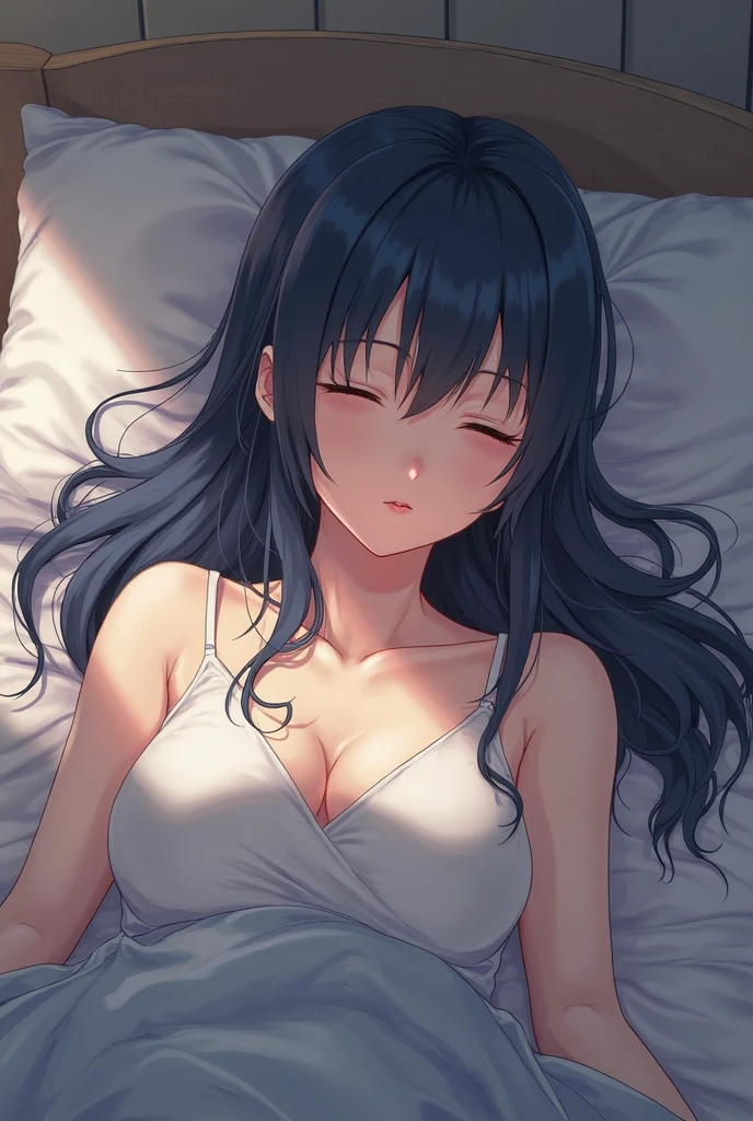 (night, dark bedroom:1.5), Upper Body, Realistic, real person, (pale skin: 1.2), RAW photo, photorealistic, shiny skin, shiny hair、(A 25-year-old woman with straight hair and bangs) and (medium hair) and (black hair) and (closed eyes:1.5) , (white) and (T-shirt)、Cleavage、sleepy, on back, bed、