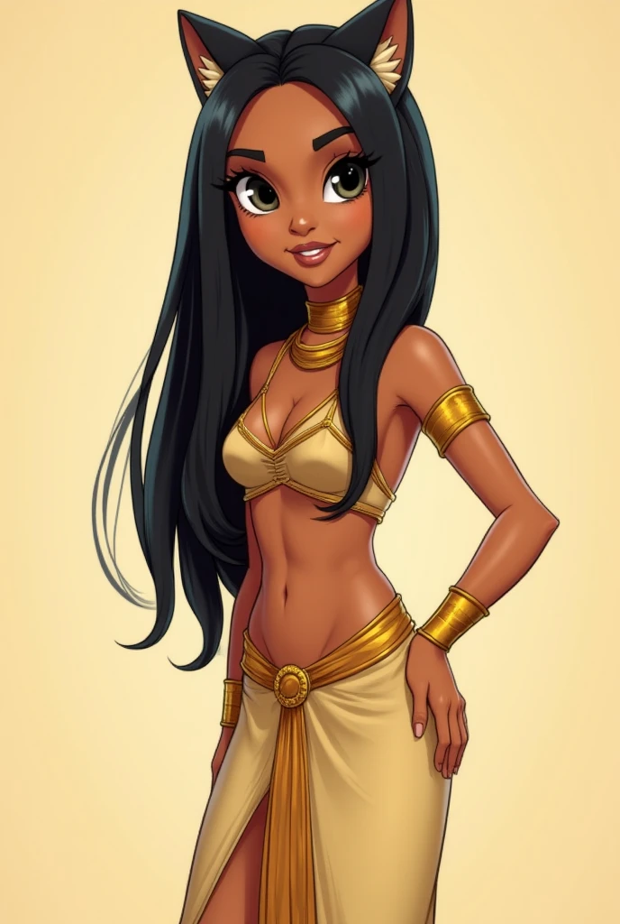 Monster high cleo di Nile with outfit inspired by the God Anubis with blue-green colors, with jackal ears, with gold and black clothes Draw with the face of monster high dolls, small breasts and black hair with light blue highlights Full body doll, gold shoes with colorful embellishments dark skin tone, dark brown, yellow eyes, clothing must cover the bust and show the legs, short skirt Less gold embellishments and more fabrics, Egyptian look but at the same time modern