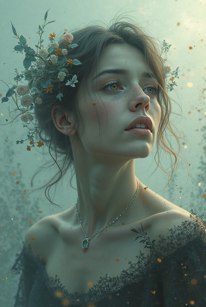 dead rotting girl, in a state of putrefaction, with flowers coming out of her body :: white dress :: Epic cinematic brilliant stunning intricate meticulously detailed dramatic atmospheric maximalist digital matte painting, Ultra realistic image, 4k quality, high facial details