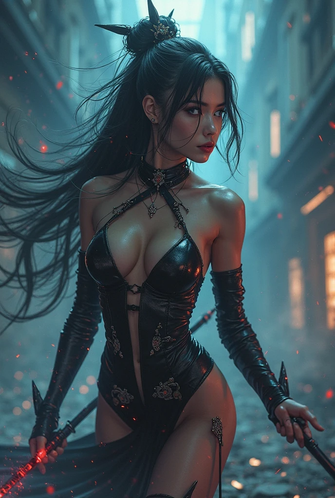 best quality}, {{masterpiece}}, {highres}, Perfect waist cut, Large breasts, Warrior girl with a small short sword on hand, Skimpy organza transparent clothes, organza elements on clothes, net clothes, leather glossy elements on clothes, dark blue hair with red highlights, (perfect nose), Seductive gaze, dark blue knee high boots on high heels with red highlights, (Best Illustration), 8k Resolution, Intricate Details, Best Quality, Realistic, Ultra Detailed, Best Lighting, Best Shadows, Ultra HD, A Necromancer style, Night, Magic, Dark Style, Vampire, (shining red eyes:1.6), masterpiece, high_res, Beautiful face, tyndall effect, photo realistic, (high detailed skin:1.2), 8k uhd, dslr, high quality, Photograph, high resolution, 4k, 8k, Bokeh, absurdres, ponytail contorted, best ratio four finger and one thumb, front view, dark blue hair gorgeous, perfect proportional skinny fitness body, full body view, wet skin, wet clothes, dark cathedral baground scenery, huge bobs, belly muscle, long fit perfect legs, fishnet dark red Stockings, realistic reflection in the water, very short and Skimpy clothes