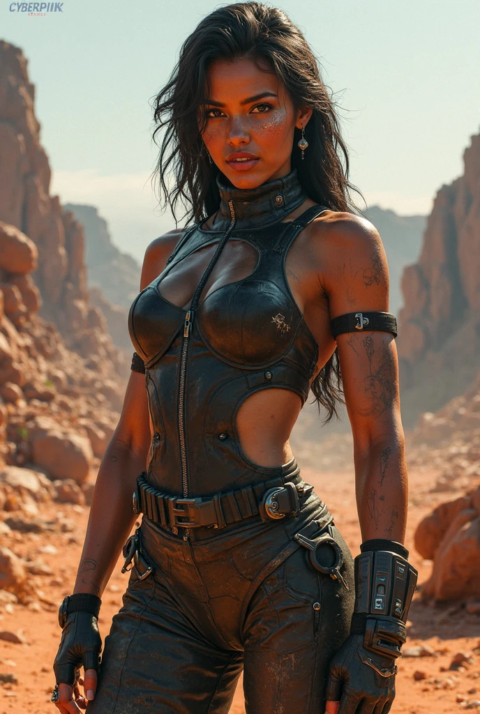 a beautiful female bounty hunter standing in an apocalyptic desert, glitchwave style, detailed portrait, dramatic lighting, cinematic composition, hyper realistic, 8k, volumetric fog, volumetric lighting, chiaroscuro lighting, heavily detailed, intricate details, award winning, cinematic, moody, gritty, dystopian, epic scale, dark and gritty, intense atmosphere, dramatic pose, dynamic framing, striking colors, vivid colors, dramatic colors, muted colors, high contrast, dramatic shadows, moody lighting, cinematic lighting, digital art, concept art, photorealistic, hyperdetailed, masterpiece, ultra-detailed, finest details