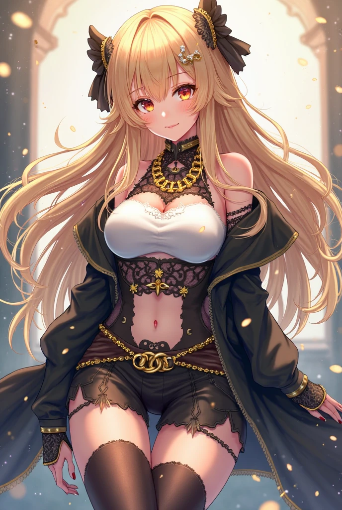 ((masterpiece)), ((best quality)), 1girl, adult, long hair, ((blonde hair)), blonde hair, ((intimidant look)), ((close-up)), green eyes, black and red clothes, sexy, dark colors, brillant eyes, ((coat with fur)), ((wavy hair)), perfect hands, ((sexy pose)), ((intimidant look)), good anatomy, ((dark sage clothes)), ((straight cut bangs)), emotionless, intimidant, ((beautiful eyes)), close up, ((detailed eyes)), beautiful eyes, ((detailed face)), hair bang, frontal look, abs, smile, detailed face, eyepatch, full body