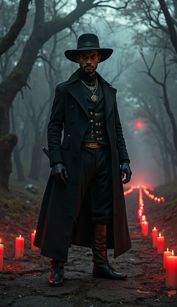 Beautiful man, evil smile, barba, black guys, layer negra detalles en rojo, comment, lit and melted candles, red and black necklace, dark, whiskey glass, layer, smiling, stuffed body, walking through the cemetery, Cigarettes, in it, black guys, walking stick, necklace with red and black beads , exu layer preta  umbanda layer negra y roja , evening, macabre laughter, Antique black hat with red details