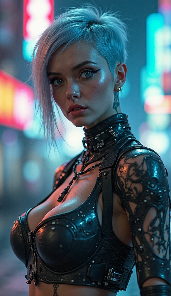 JuliaAdamenko, (physically based rendering, photographic close up scale), girl dark, dystopia, (in style of bladerunner),