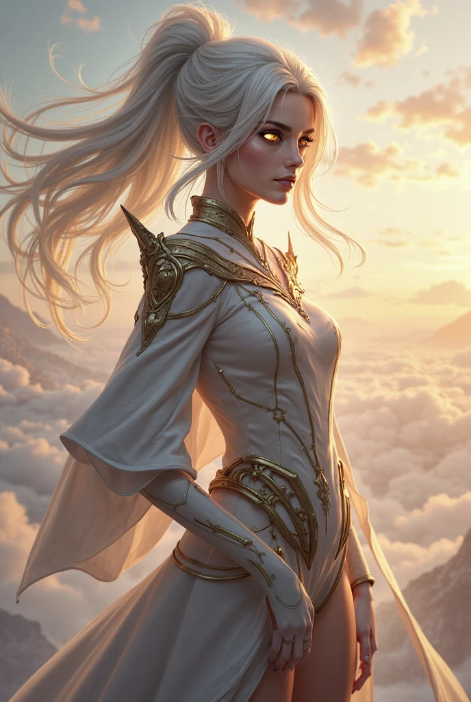 Female elf with platinum blonde hair dancing alone on a magic circle, Dark skinned female elf, robes blowing in the wind, hair blowing in the wind, calm face, she has white tattoos like lightning on her face, she has white tattoos all over her body, cool, sky is blue, full body portrait of her
