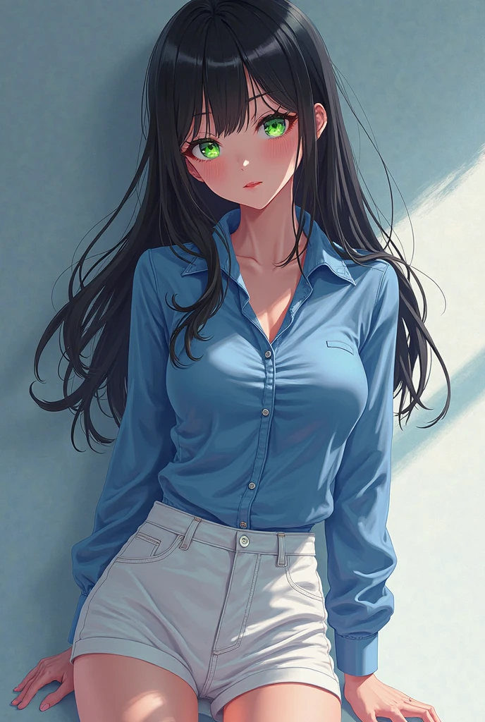 create a girl, from any anime, beautiful, standing in the center of the frame, with medium breasts, (masterpiece, best quality: 1.2), black hair, green eyes, black tight pants, white shirt, unbuttoned to the middle, breasts visible,