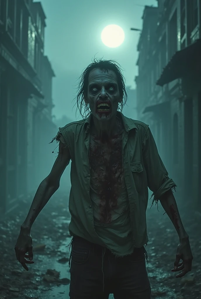 Realistic zombie, decaying flesh, tattered clothes, eerie atmosphere, Halloween theme, dark alley, moonlit night, photorealistic, high detail, creepy, dramatic lighting, spooky decorations.
