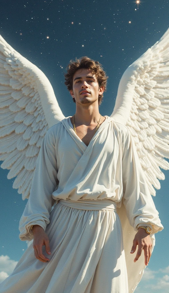 the figure of a man looking at the viewer, smiling, like an angel, with large, voluminous white wings, frontal view