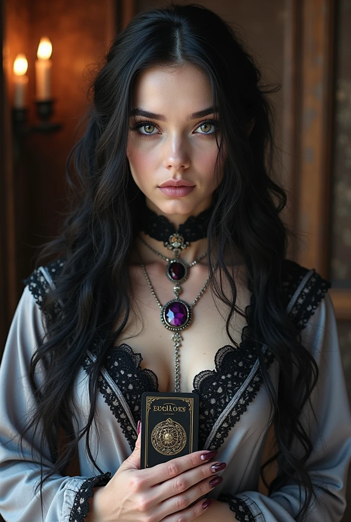 ((best quality)), ((masterpiece)), (detailed), perfect face, Design an illustration of a captivating gothic woman with dark purple hair braided into intricate patterns, her eyes reflecting a sense of ancient wisdom. Her dark robe, flowing gracefully around her, hints at her connection to the supernatural. Use a mystical, starlit backdrop to emphasize her ethereal charm