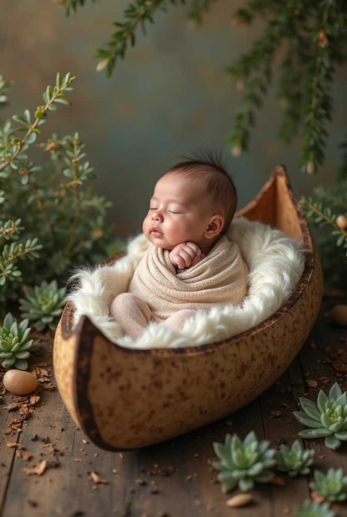 Create a photo background for me with a real safari themed New Born scenery, with baby animals wrapped around and an empty round bed, There is no one on the bed, the bed is empty, around the bed there is a puppy, of Leo, there is a baby zebra and there is a baby giraffe 