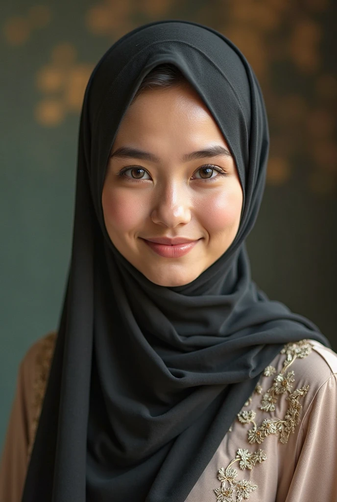 A thin and beautiful malaysian muslimah muslim woman with beautiful lips and beautiful cheeks wears patterned baju kurung and hijab.She is my favourite best beautiful teacher.