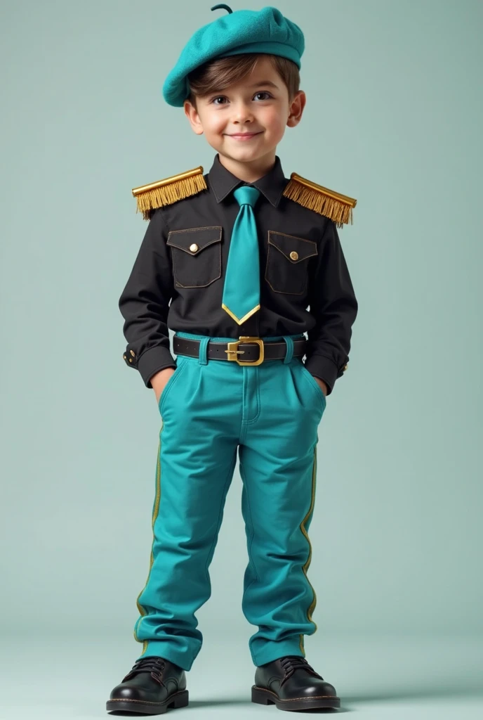 A 12-year-old boy wearing a turquoise blue long-sleeved shirt, White pants with a straight line on the side in gold, Simple golden shoulder pads, gold tie, black shoes and turquoise blue hat