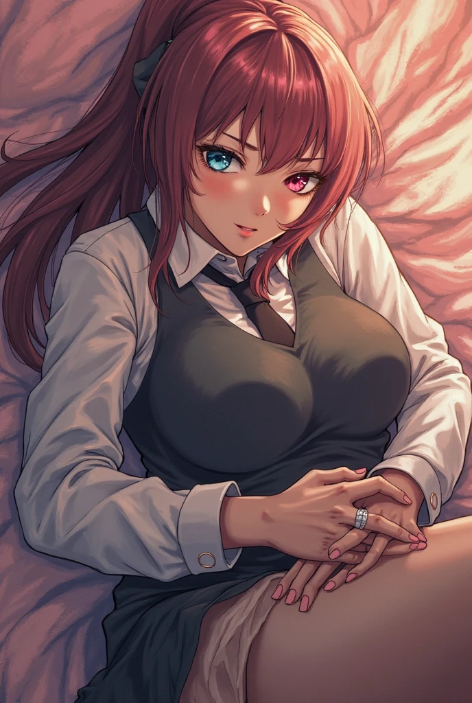 Korean female teacher,Being in a hotel,(Lying on her back in bed:1.4),(Open your legs:1.4),(Being touched by men:1.1),(Top-down view),
(((tmasterpiece))), ((best qualtiy)), ((intricately details)), ((ultra-realistic realism)), Ridiculous res, A MILF, Mature woman, ssee-through, highly detailed, illustratio, 1. Mature women, ((Large breasts)), (pink areolae),perfect hand, detailed finger, Beautiful detailed eyes,Wavy curly hair,with brown eye, name badge, vd, (Teacher's Uniform:1.2), Translucent white shirt,Get wet,(The shirt buttons were unbuttoned,no brassiere,The breasts leak all out of the clothes),Black pencil skirt, (Black tights:1.1), Camel toes,耳Nipple Ring, detailedbackground, Bedrooms, perfect eyes, Seductive eye,Cocked buttocks,Reddened face,(weeping:1.2),Confused eyes