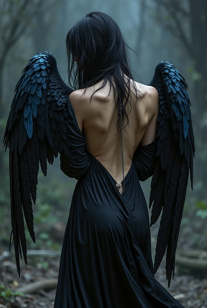 person with wings on their back, and with feathers in their ears, with strong body, but with just a pair of pants, com a